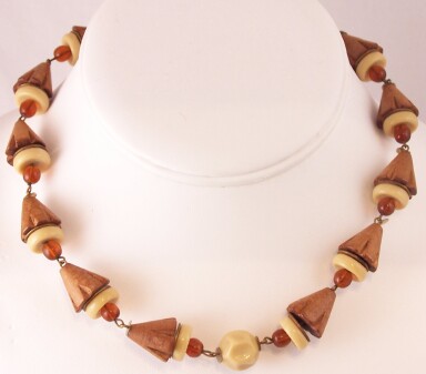 BN39 wood cone w glass beads necklace